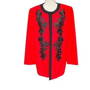 Kasper Red Jacket with Black Floral Embroidery